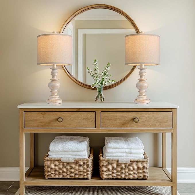 Farmhouse table lamp set of 2 with beige linen shades and white resin bases