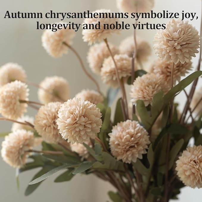 Faux chrysanthemum flower stems with full blooms and green leaves