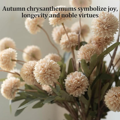 Faux chrysanthemum flower stems with full blooms and green leaves