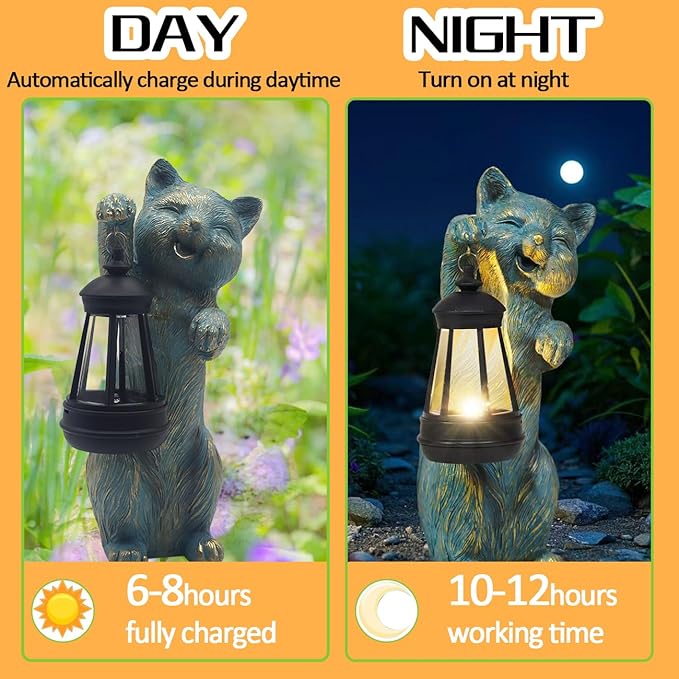 Solar Cat Garden Statue Holding Lantern - Antique Style Resin Outdoor and Patio Decor