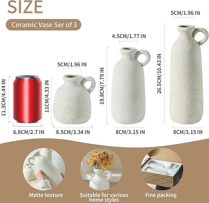 Set of 3 white ceramic vases, three sizes shown with loop handles and textured finish