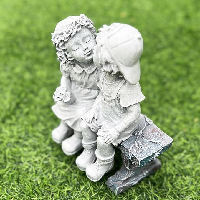 First Kiss Couple Garden Statue - Boy and Girl Resin Outdoor Decor