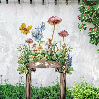 Personalized Cute Fairy Metal Sign with Stake,Custom Gardener Family Name Signs Outdoor Decor,Customized Butterfly Gardening Gifts for Mother,Flowers Plaques Decorate for Garden Patio Lawn Porch Yard