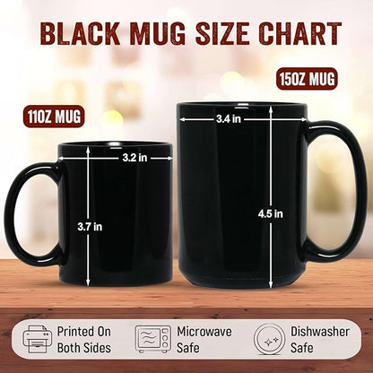 Black mug size chart for 11oz and 15oz, with dimensions and care info