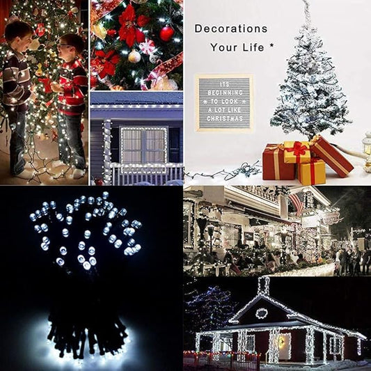 Mini LED Christmas string lights with round bulbs on outdoor decoration.