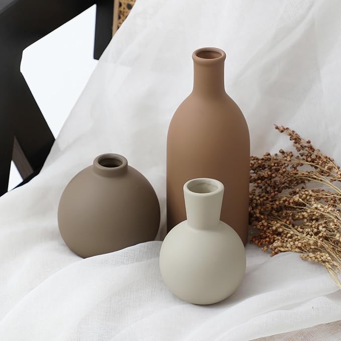 Ceramic vase set of 3 in matte tan and cream, three round and tall designs