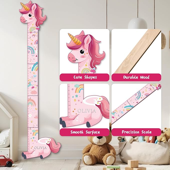 Unicorn kids wooden growth chart close view with cute shapes, smooth surface, and precision scale.