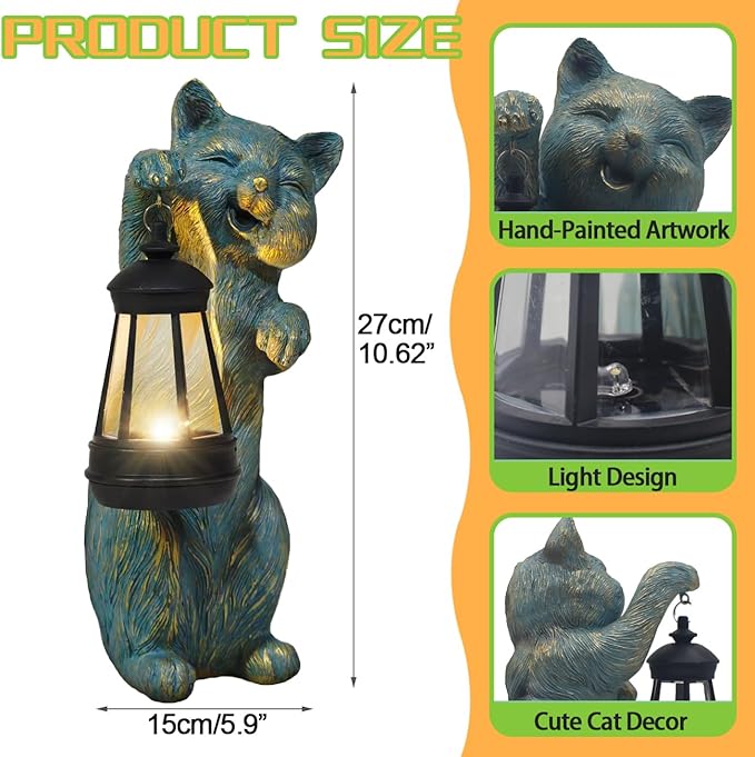 Solar Cat Garden Statue Holding Lantern - Antique Style Resin Outdoor and Patio Decor