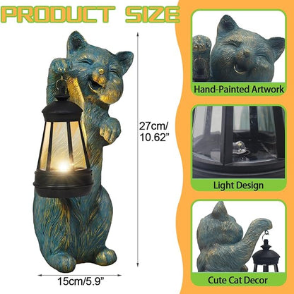 Solar Cat Garden Statue Holding Lantern - Antique Style Resin Outdoor and Patio Decor