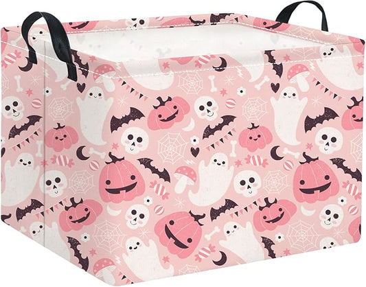 Pink rectangular Halloween basket with ghost, pumpkin and bat pattern, side carry handles