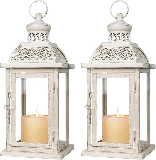 Vintage metal hanging candle lantern, white with glass panels and cutout top