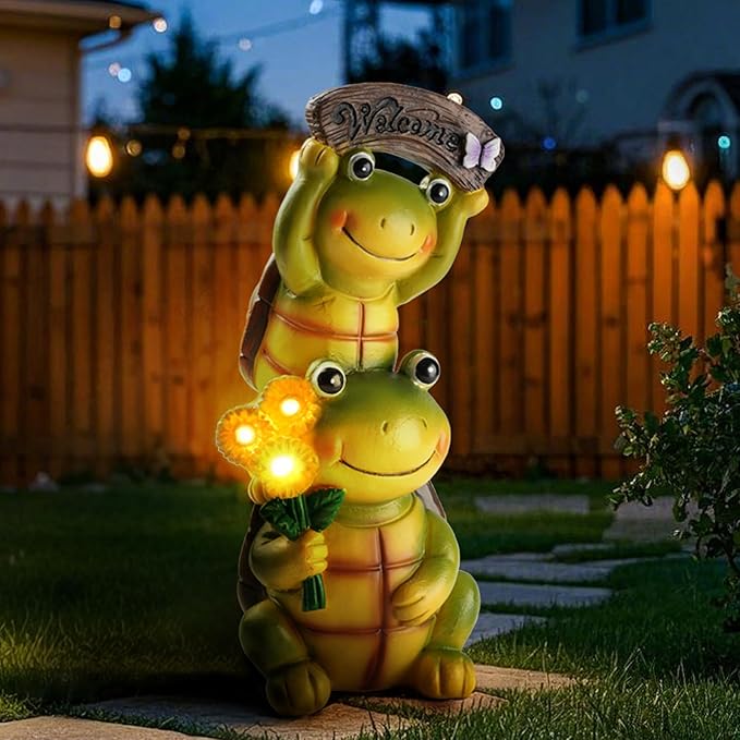 Solar Turtle Garden Statue with Frog Face and 3 LED Lights - Resin Waterproof Outdoor Decor