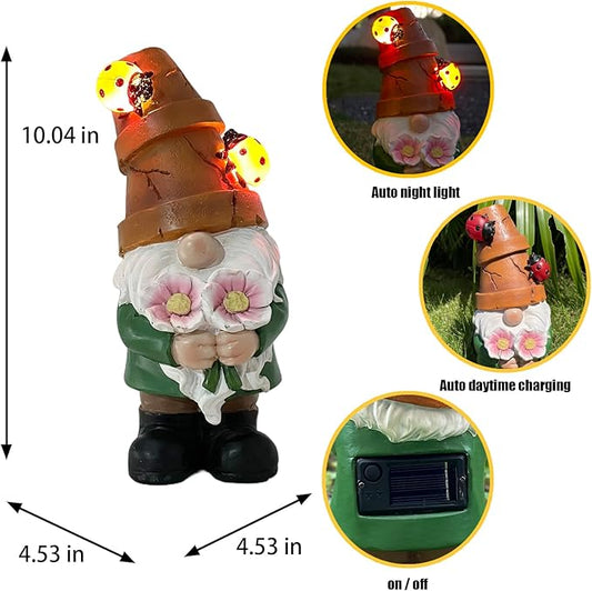 Solar garden gnome statue front view, brown hat with ladybugs, green outfit, holding flowers