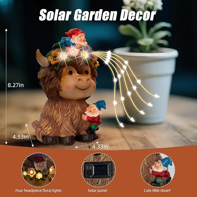 Solar highland cow garden decor statue with gnome figure and glowing solar fairy lights
