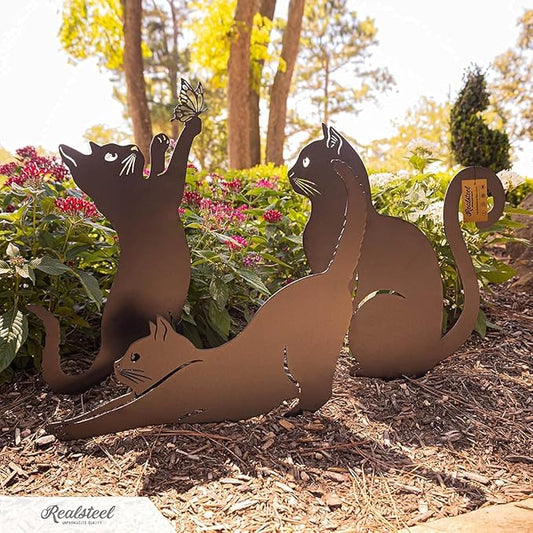 3-Piece Penny Vein Steel Cat Garden Statue Set - Mom Cat and Kittens Yard Art with Ground Stakes for Lawn, Flower Beds, and Patio