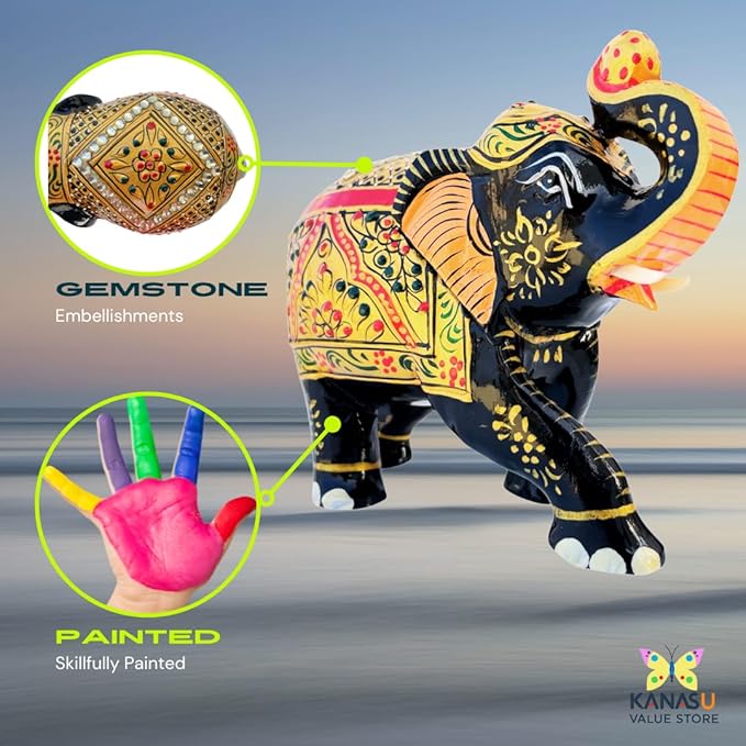 Handcrafted Wooden Elephant Figurine with Gemstone Embellishments - Lucky Home Decor