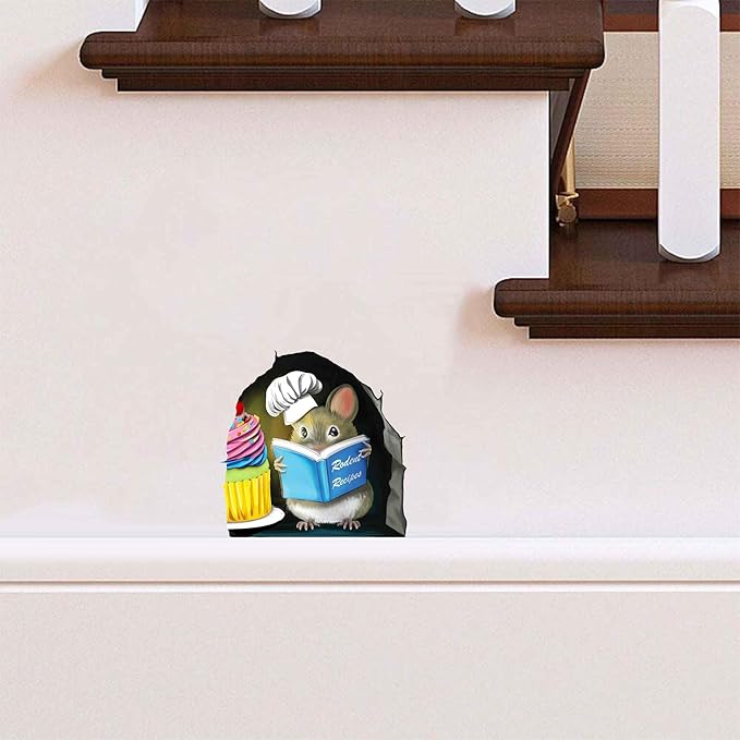 Mouse reading book wall decal sticker, small mouse with cupcake on light wall