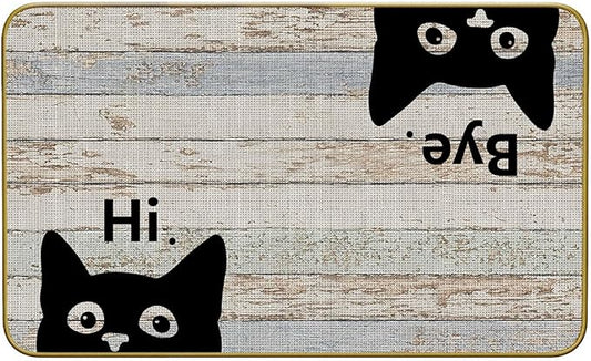 Grey cat welcome doormat with cartoon black cat faces, “Hi” and “Bye” text