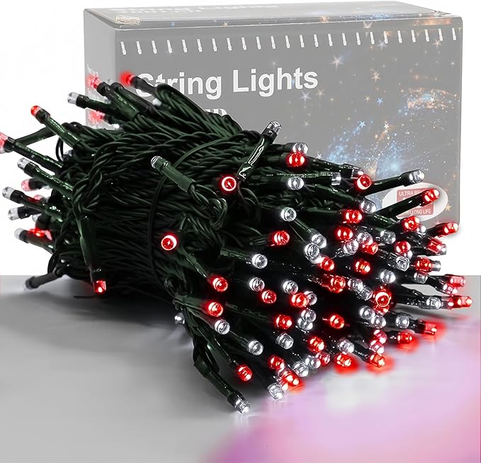 Red and white mini LED string lights with green wire, bulb close-up