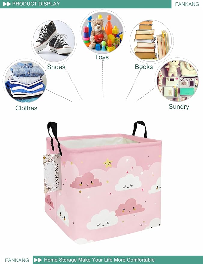 Pink Cloud Canvas Storage Bin - Foldable Waterproof Nursery Basket for Girls Room, Toys, and Baby Shower Gifts