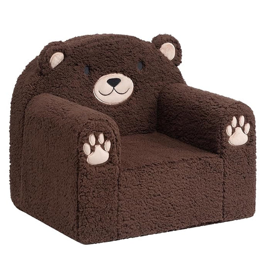 Brown plush bear-shaped toddler sofa chair with paw-print details and rounded arms