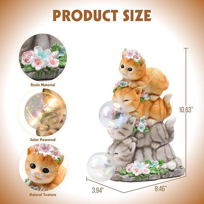 Solar Cat Garden Statue Resin Cat Statue Decor Outdoor with LED Lights for Outside Yard Art Lawn Ornaments Patio, Cat Lovers Gifts