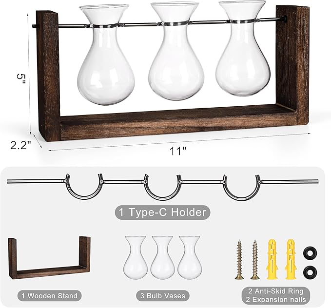 Plant propagation station with brown wood stand, three glass bulb vases, and hooks