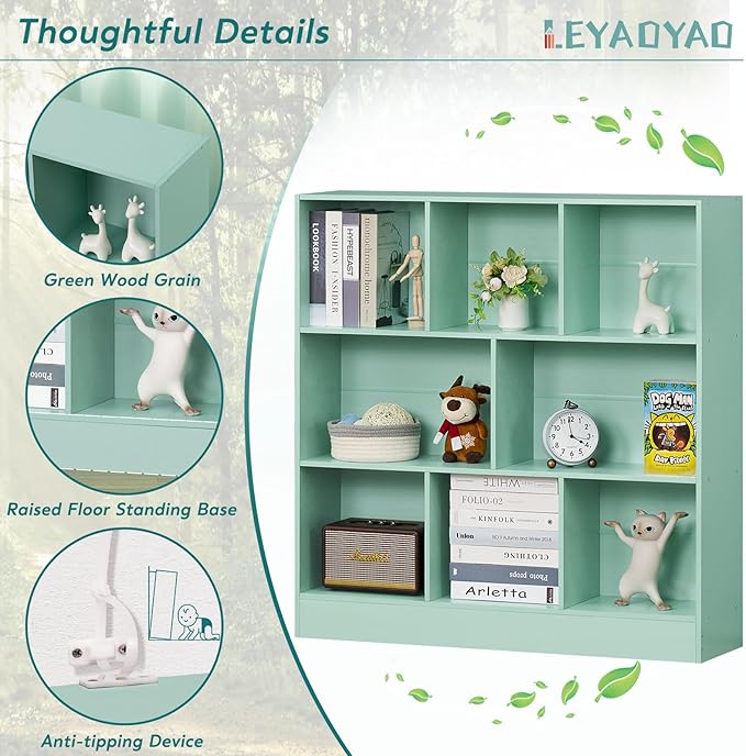 Mint green cube bookshelf showing raised base and anti-tipping setup