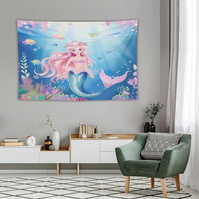 Mermaid Princess Wall Tapestry – 90" x 60" XL Watercolour | Largest Girls Bedroom Decor | Wall Hanging | Dorm Living Room Kids Room