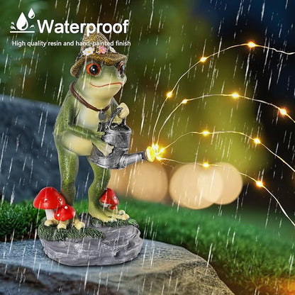 Solar Frog Garden Statue with Watering Can and Straw Hat - 8.8-Inch Resin Decor