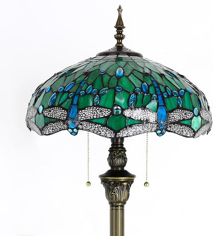 Green stained glass floor lamp shade, bronze column base, and hanging pull chains