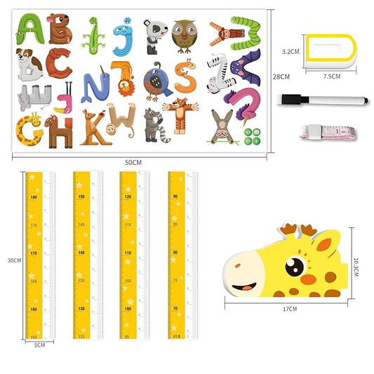 Kids height chart sticker set with animal alphabet letters and ruler strips