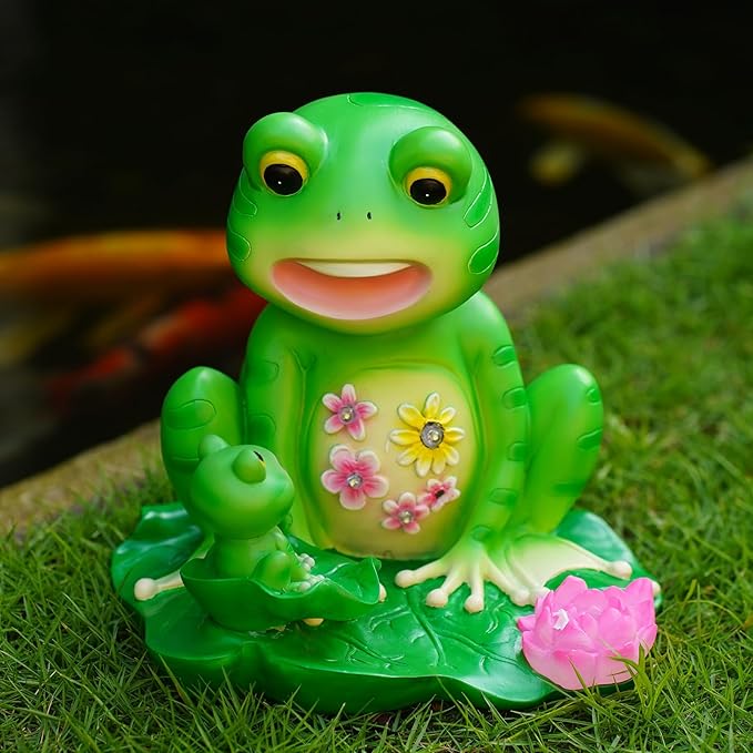 Solar Frog Mother and Baby Garden Statue with 6 LED Lights - Resin Outdoor Family Decor