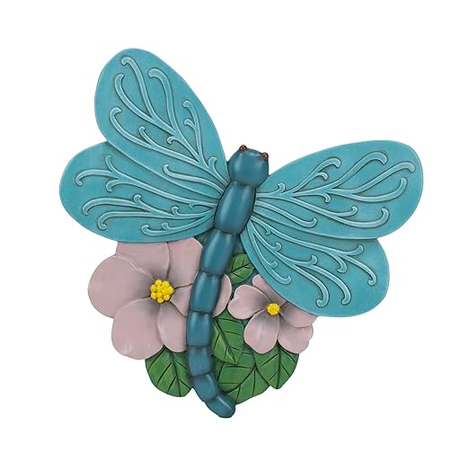 Teal blue dragonfly shaped resin stepping stone with embossed wings and floral accents