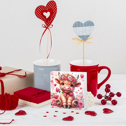 Valentine's wooden decor sign featuring a Highland cow with roses and heart details