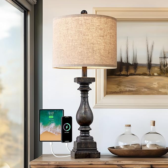 Fabric-shade table lamp with dark resin pedestal base