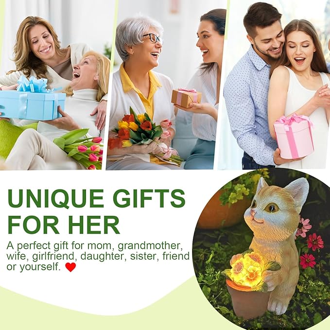 Solar Cat Garden Statue with Flower Pot - IP44 Resin Outdoor Decor