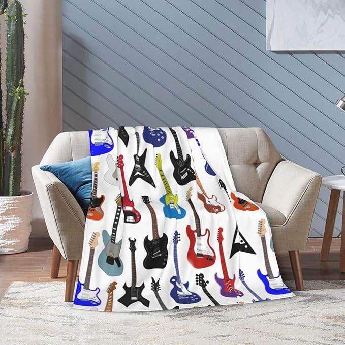 Electric Guitars Fleece Throw Blanket – 80"x60" | Music Pattern Soft Blanket for Adults | Gift for Guitarists, Musicians & Music Lovers
