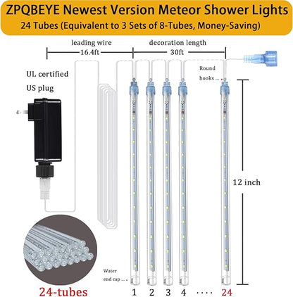 Blue meteor shower light set with 24 tubes, UL plug, and round hooks