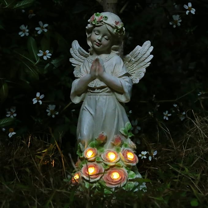 Solar Praying Angel Garden Statue with Garland and Glowing Flowers - Waterproof Resin Outdoor Decor