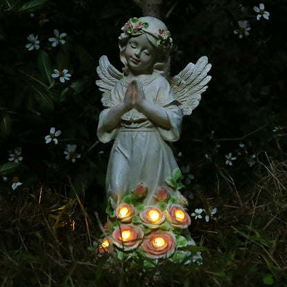Solar Praying Angel Garden Statue with Garland and Glowing Flowers - Waterproof Resin Outdoor Decor