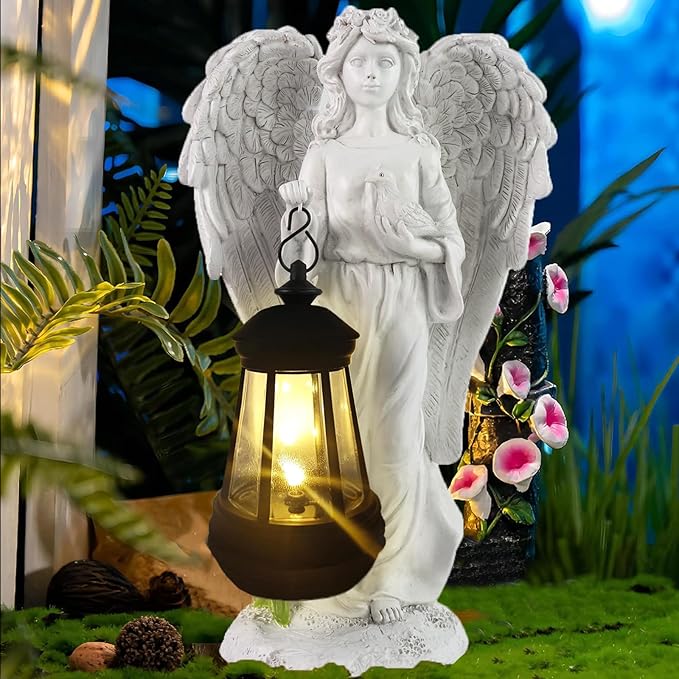 Solar Guardian Angel Garden Statue with Lantern - Antique White Resin Waterproof Outdoor Decor