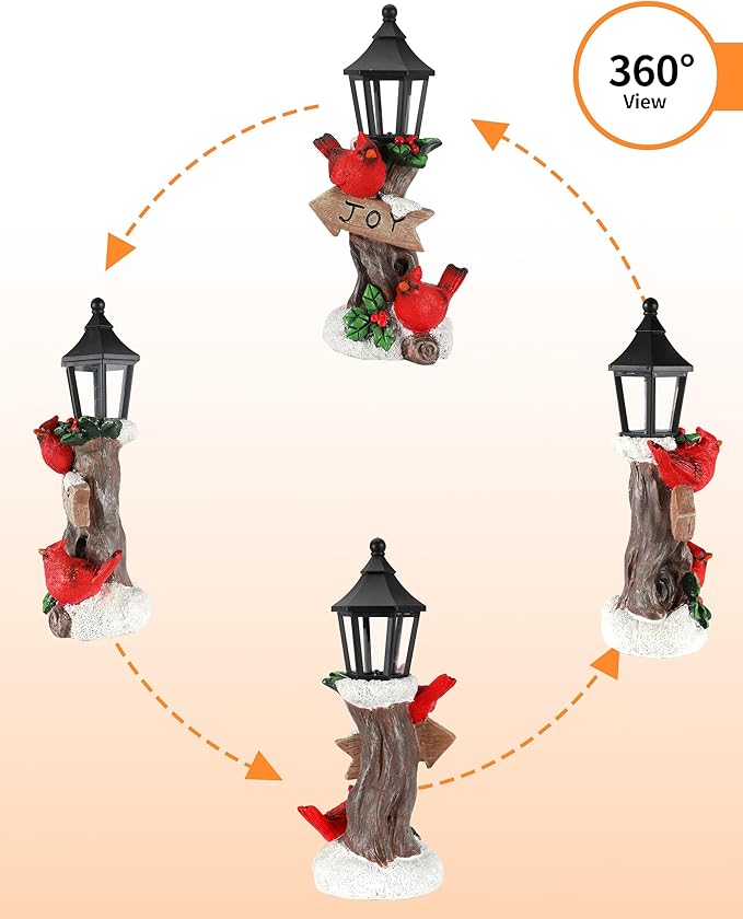 Resin cardinal Christmas ornament with black lantern and JOY sign, shown from multiple angles