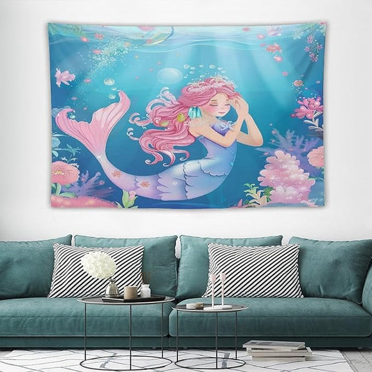 Floral Mermaid Princess Wall Tapestry – 90" x 60" XL Watercolour Flowers & Blessing Design | Largest Girls Bedroom Nursery Kids Room | Wall Hanging