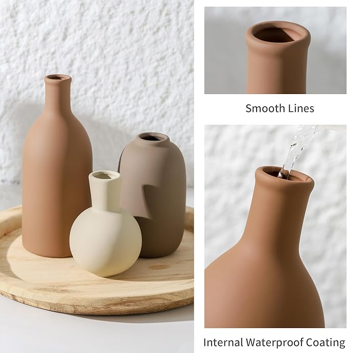 Set of 3 ceramic vases with smooth lines: terracotta, cream, and dark gray
