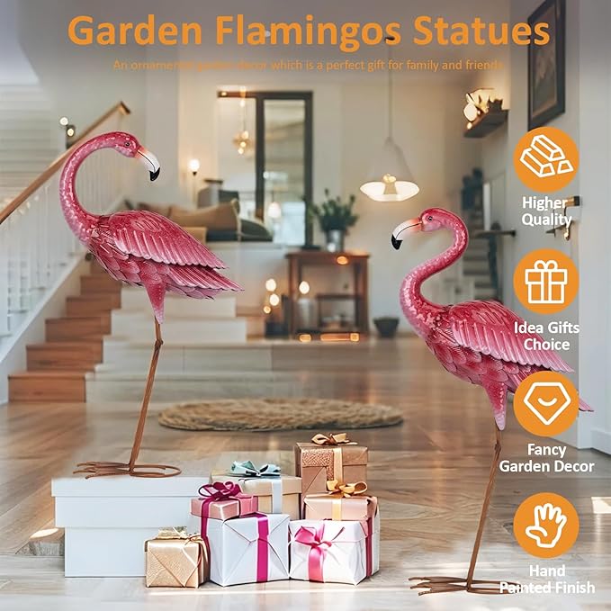 2-Pack Large Metal Flamingo Garden Statues - Textured Bird Yard Art and Event Decor