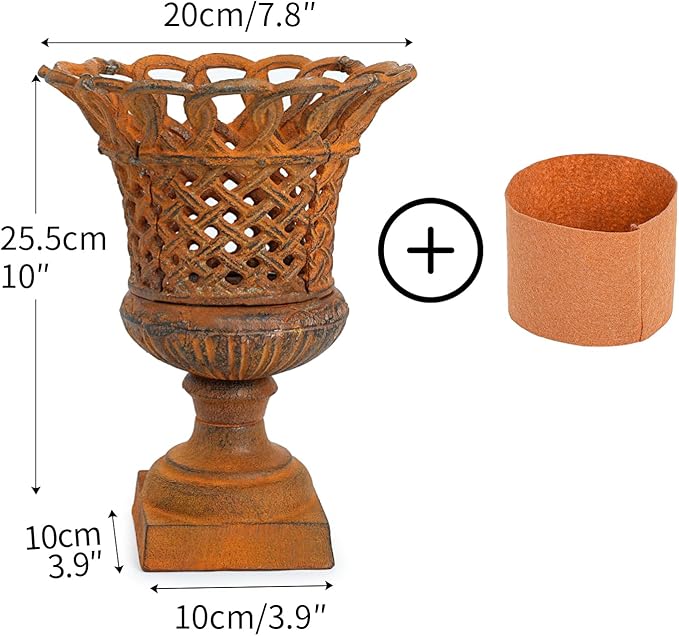 Cast-iron openwork urn planter on square pedestal base, crisscross lattice cutouts