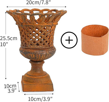 Cast-iron openwork urn planter on square pedestal base, crisscross lattice cutouts