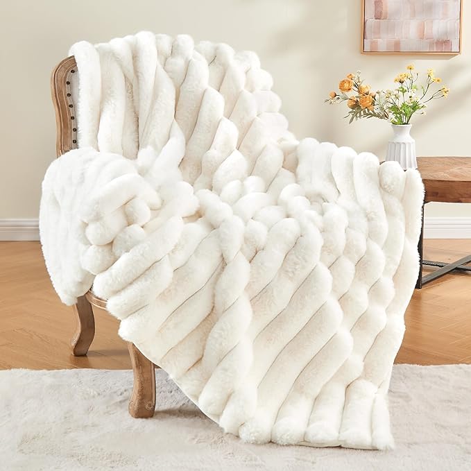 Cream Faux Rabbit Fur Throw Blanket – 50"x60" | 770GSM Double-Sided Luxury Fluffy Blanket | 3D Striped Plush Personal Couch Throw