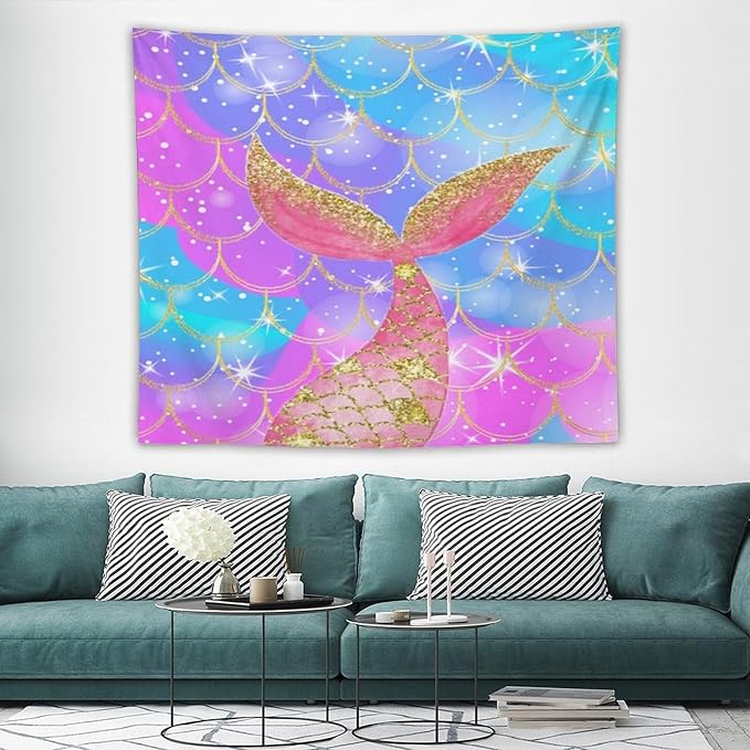 Mermaid Scales Wall Tapestry – 60" x 50" Colourful Shiny Mermaid Tail Pattern | Mid-Size Bold Wall Hanging | Bedroom Living Room Dorm